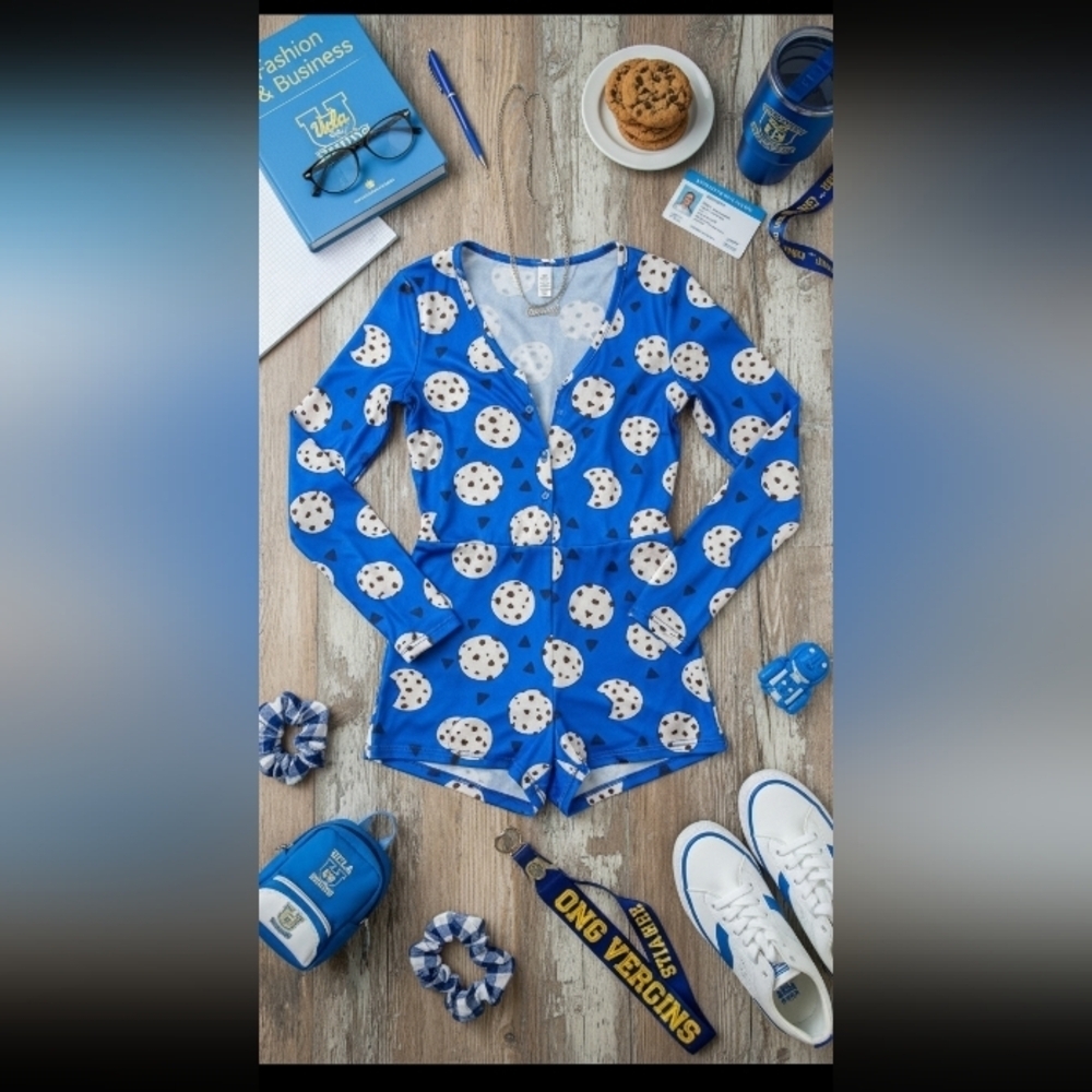 Royal Blue Cookies Print One‑Piece Romper Pajamas Y2K Asian L Fits US 4–6 NWOT